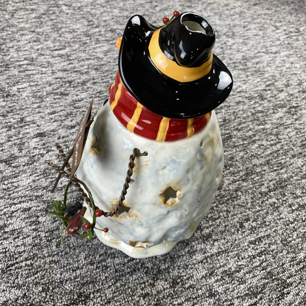 Ceramic Snowman Christmas Tea Light Holder Lantern Let It Snow Cardinal 2007 10